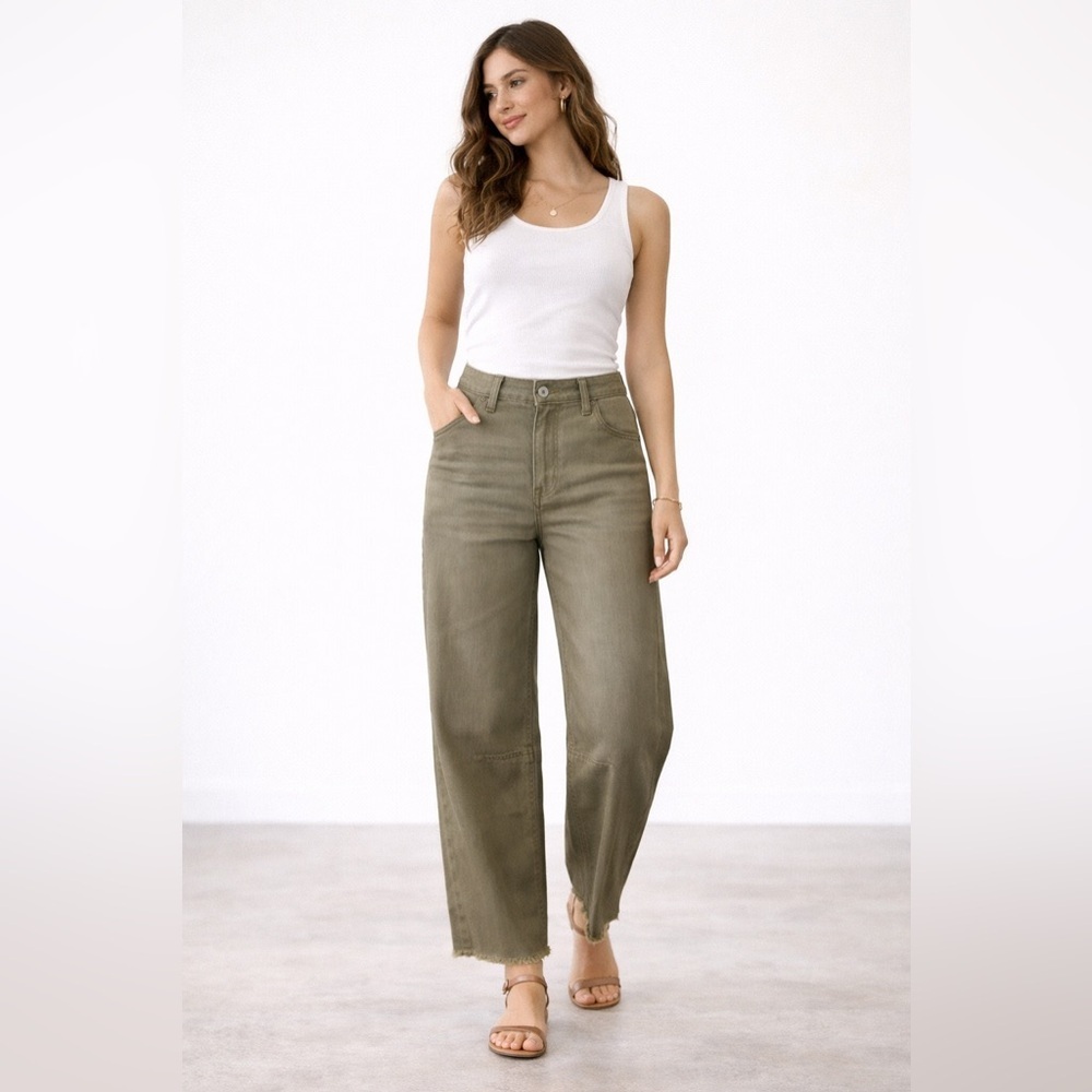 NWT Raw Hem Army Olive Green Barrel Leg Utility Jeans High Rise Size 1/25